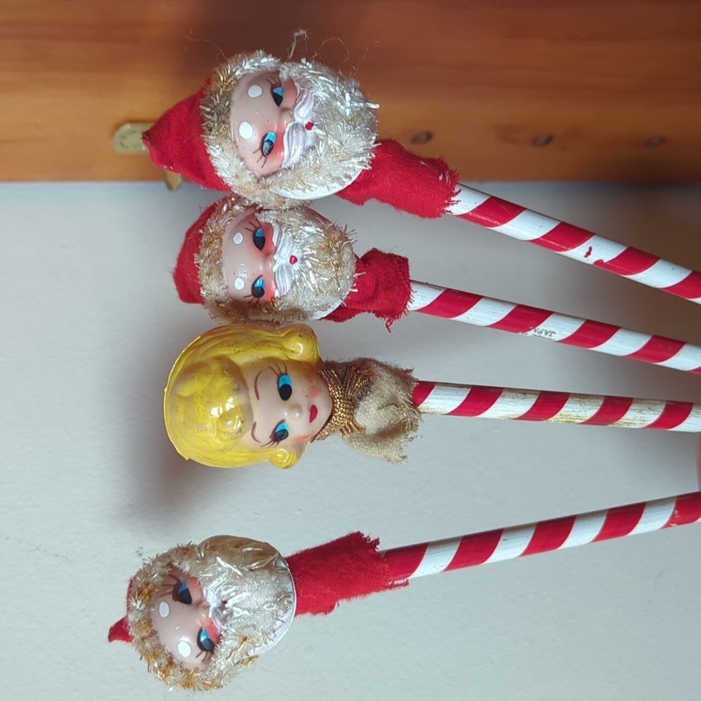 Four Vintage 60s Candy Cane Pencils, 3 Flocked Santas, 1 Blonde Woman